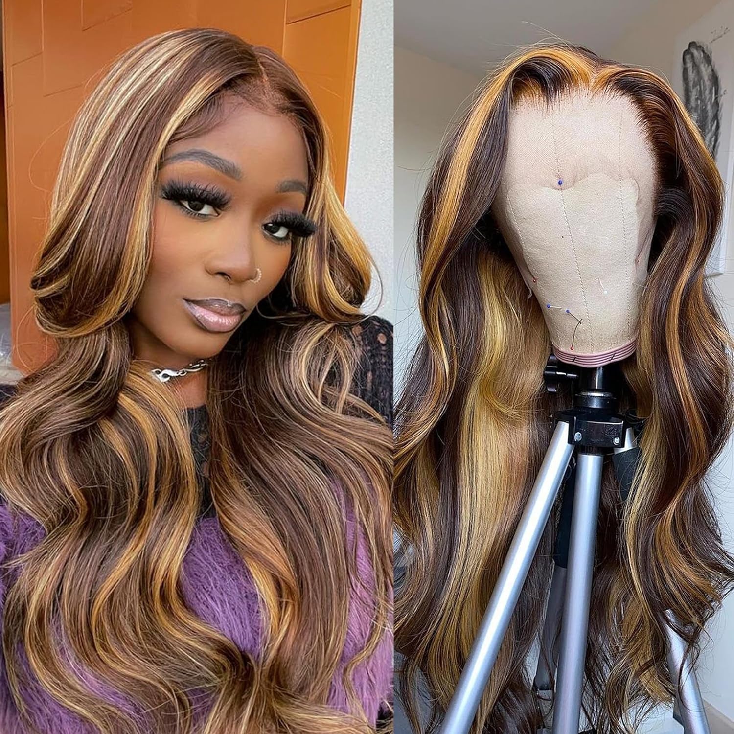 Honey Blonde Lace Front Wig Human Hair Body Wave 13X4 HD Lace Frontal Human Hair Wigs Pre Plucked with Baby Hair 180% Density Glueless Wigs 27# Colored Wigs Human Hair 22 Inch